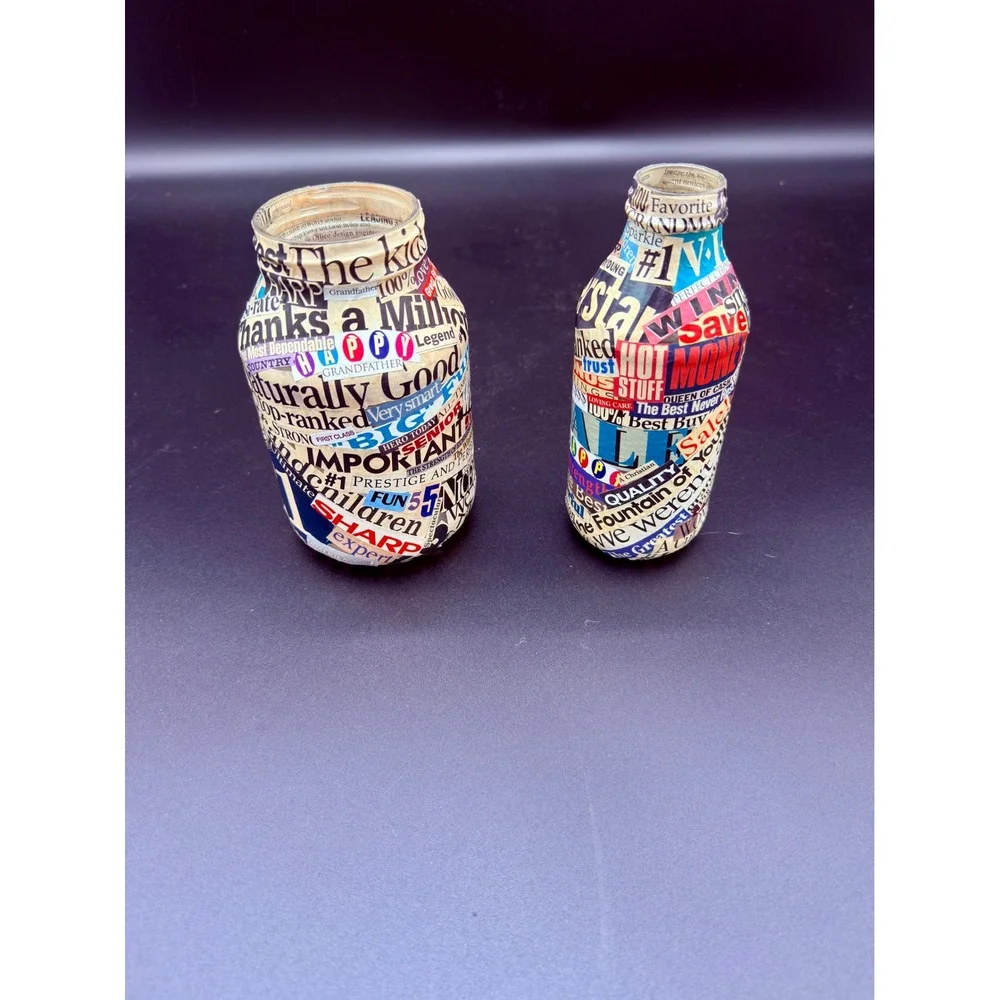 Vintage Decoupage Glass Bottle Set Ransom Note Typography Newspaper Collage 2pc